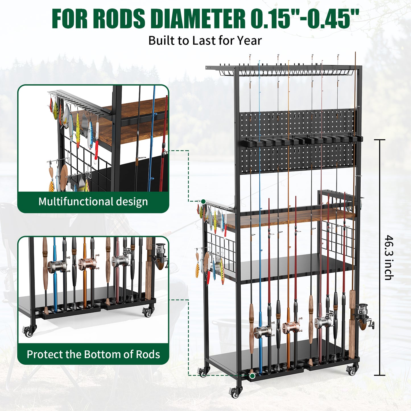 Fishing Rod Storage Rack with Pegboard, Rolling Tackle Organizer Cart, Multi-Tier Fishing Gear Stand for Rods, Reels, Tackle Boxes & Bags, Heavy Duty Metal Holders with Lockable Wheels image 3