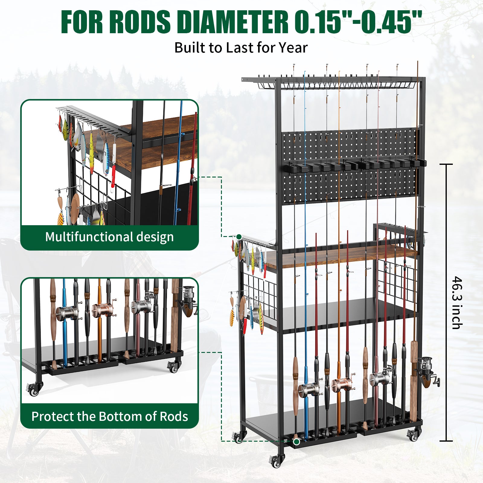 Fishing Rod Storage Rack with Pegboard, Rolling Tackle Organizer Cart, Multi-Tier Fishing Gear Stand for Rods, Reels, Tackle Boxes & Bags, Heavy Duty Metal Holders with Lockable Wheels image 3
