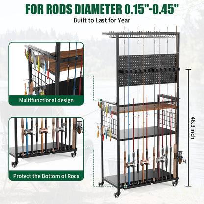 Fishing Rod Storage Rack with Pegboard, Rolling Tackle Organizer Cart, Multi-Tier Fishing Gear Stand for Rods, Reels, Tackle Boxes & Bags, Heavy Duty Metal Holders with Lockable Wheels image 3