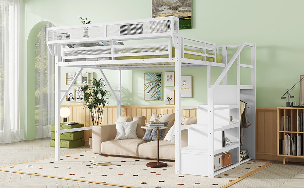 Queen Size Loft Bed with Stairs, Metal Queen Loft Bed with Storage Shelves, High Loft Bed with Wardrobe for Kids Teens, White, Patent Products image 9