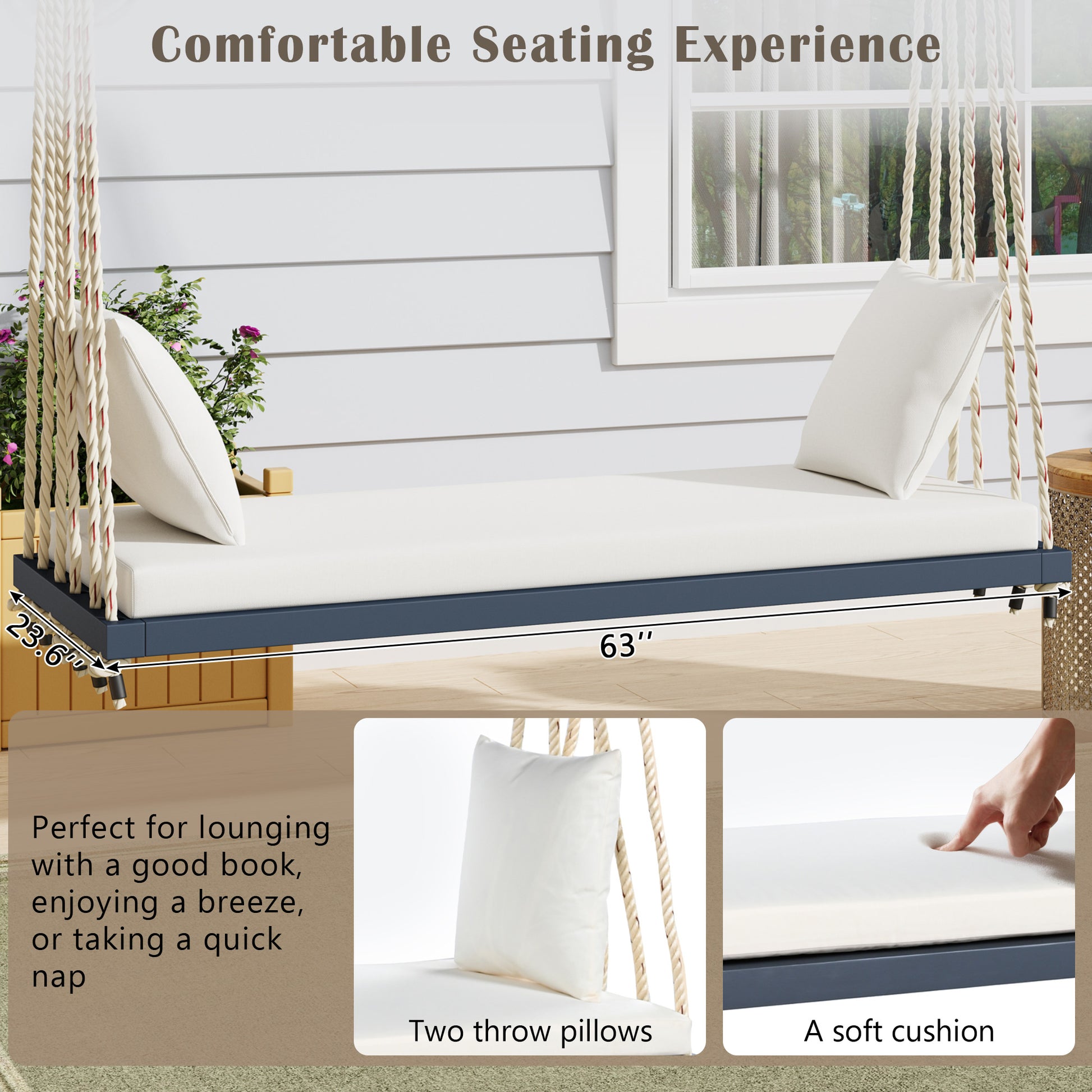 TOPMAX Patio Wooden Swing Chair, Hanging Porch Swing Bench with Cushion&Pillows, 10.8Ft Hemp Ropes for Garden,Backyard, Lawn,Gray image 6