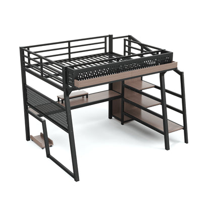 Full Loft Bed with Storage Stairs, Shelves gaming loft bed with Pegboard and Built-in Wardrobe, Metal Loft Bed Frame with USB Ports and LED Lights, Noise-reduced Design, Black image 12