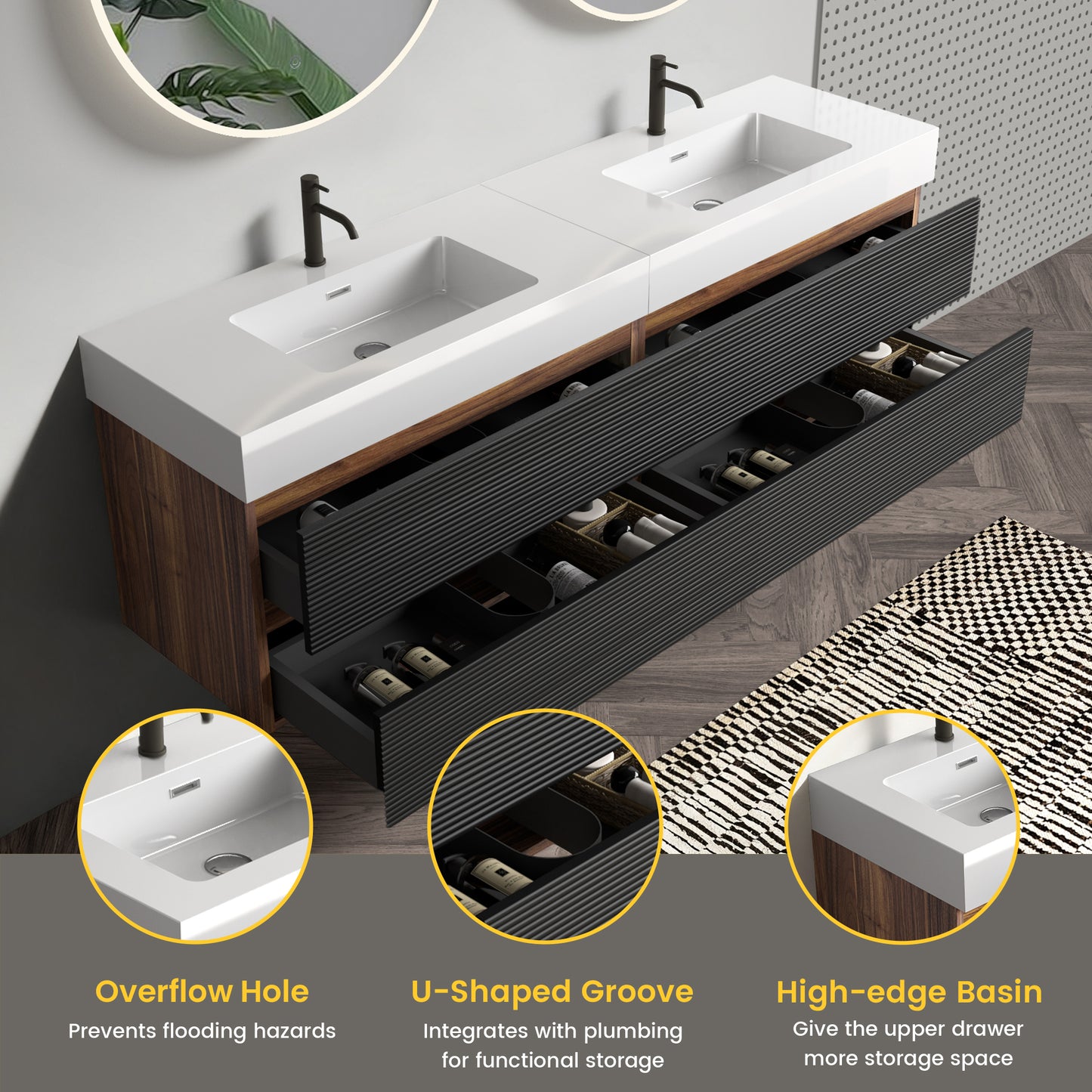 Grace 72''(36Inch*2) Bathroom Vanity with Matt Black Engineered Quartz Sink and Soft Black Drawers, Wall Mounted Floating Bathroom Vanity, One-Piece Glossy White Basin, KD image 4