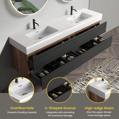 Grace 72''(36Inch*2) Bathroom Vanity with Matt Black Engineered Quartz Sink and Soft Black Drawers, Wall Mounted Floating Bathroom Vanity, One-Piece Glossy White Basin, KD image 4
