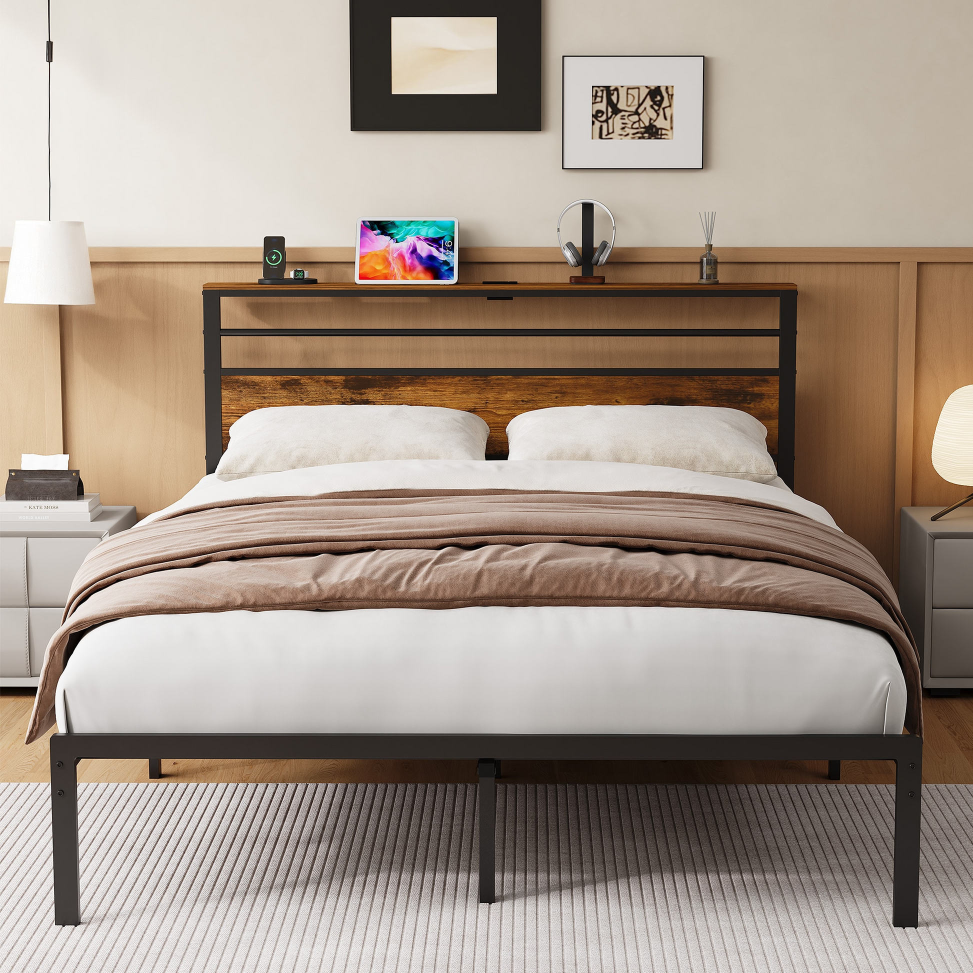 Full Size Bed Frame with Wood Headboard, Industrial Platform Bed with, Storage Shelves, Easy Assembly, and No Box Spring Needed image 1