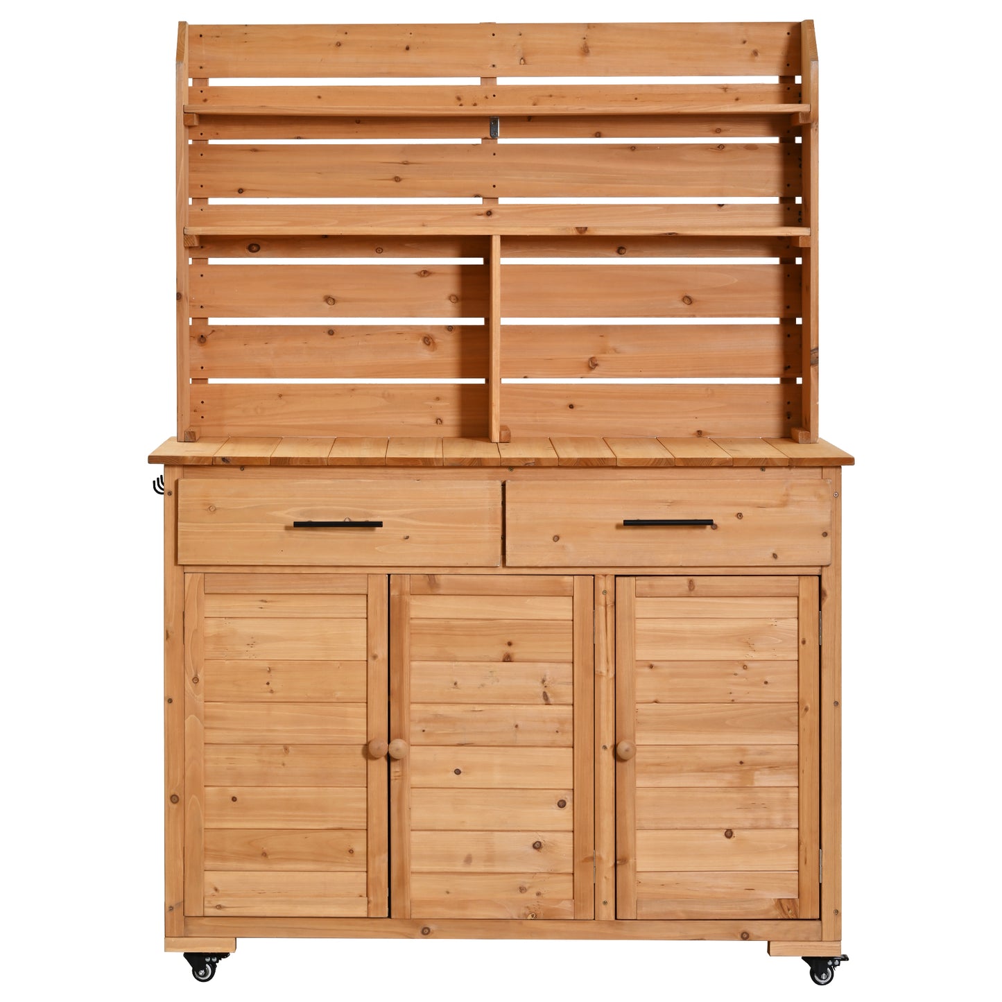 Assembly Video-TOPMAX 65''H Large Garden Potting Bench with Lockable Wheel and Storage Cabinet, Wood Outdoor Kitchen Island Prep Cart with Hutch Top, Drawers and Removal Shelves for Grilling, Natural image 11