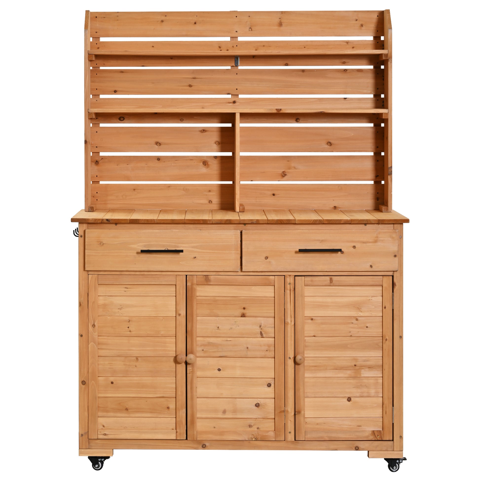 Assembly Video-TOPMAX 65''H Large Garden Potting Bench with Lockable Wheel and Storage Cabinet, Wood Outdoor Kitchen Island Prep Cart with Hutch Top, Drawers and Removal Shelves for Grilling, Natural image 11