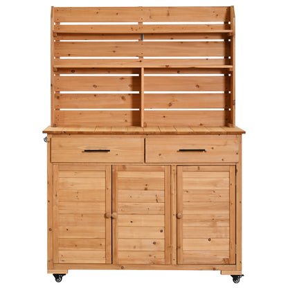 Assembly Video-TOPMAX 65''H Large Garden Potting Bench with Lockable Wheel and Storage Cabinet, Wood Outdoor Kitchen Island Prep Cart with Hutch Top, Drawers and Removal Shelves for Grilling, Natural image 11