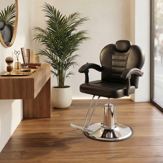 Heavy duty hydraulic reclining barber chair black front view