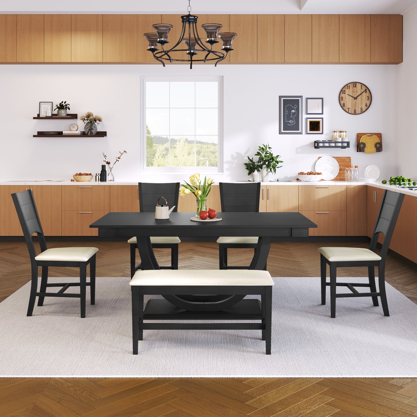 TOPMAX 6-Piece Wood Half Round Dining Table Set Kitchen Table Set with Long Bench and 4 Dining Chairs, Modern Style, Gray image 9