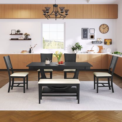 TOPMAX 6-Piece Wood Half Round Dining Table Set Kitchen Table Set with Long Bench and 4 Dining Chairs, Modern Style, Gray image 9