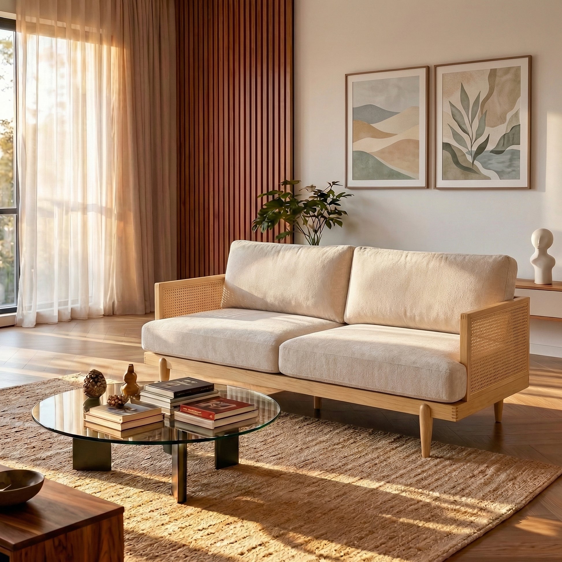 EMIR 72" Square Arm 3-Seater Boucle Sofa with Cane Rattan and Wooden Frame,Natural,Living Rooms,Bedrooms,Apartment Office image 9