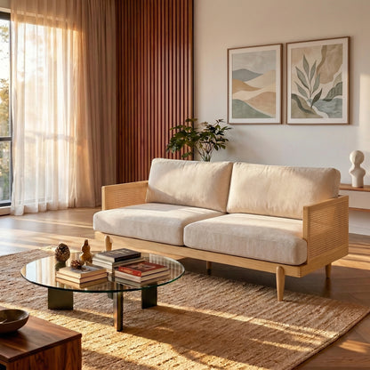 EMIR 72" Square Arm 3-Seater Boucle Sofa with Cane Rattan and Wooden Frame,Natural,Living Rooms,Bedrooms,Apartment Office image 9