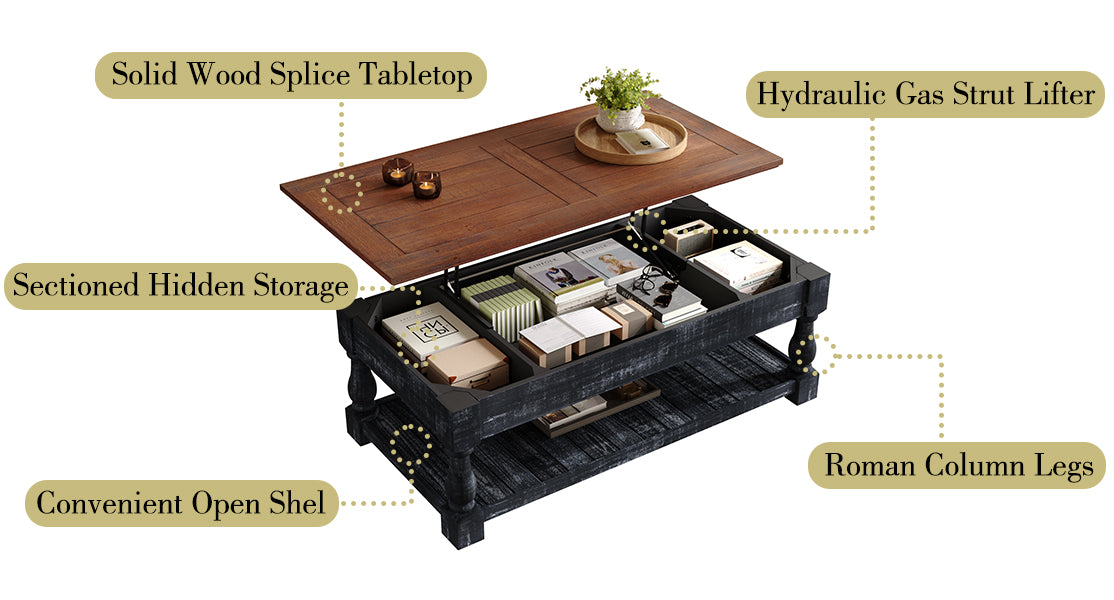 Retro Lift-Top Coffee Table with Storage for Living Room, Hidden Compartment & Lower Shelf, Espresso & Weathered Black Finish image 9