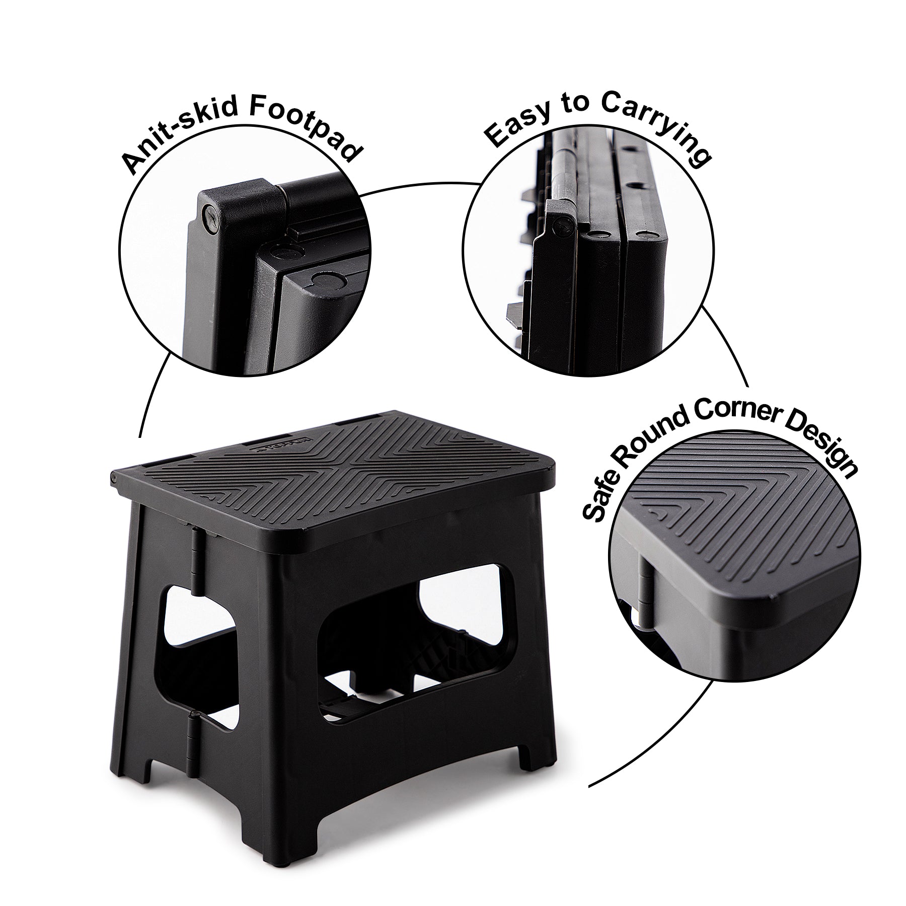 9in Folding Step Stool, Compact, Portable, Non-Slip, 300 lbs. weight capacity for adults and children. Secure non-slip top and rubber feet, great for home and camping, black color image 5