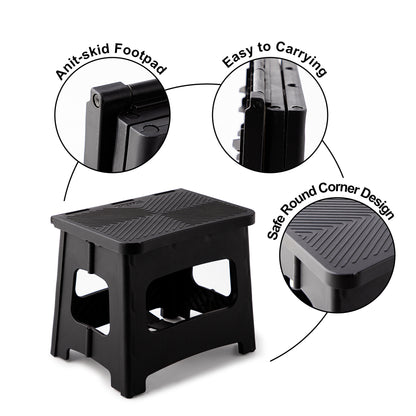 9in Folding Step Stool, Compact, Portable, Non-Slip, 300 lbs. weight capacity for adults and children. Secure non-slip top and rubber feet, great for home and camping, black color image 5