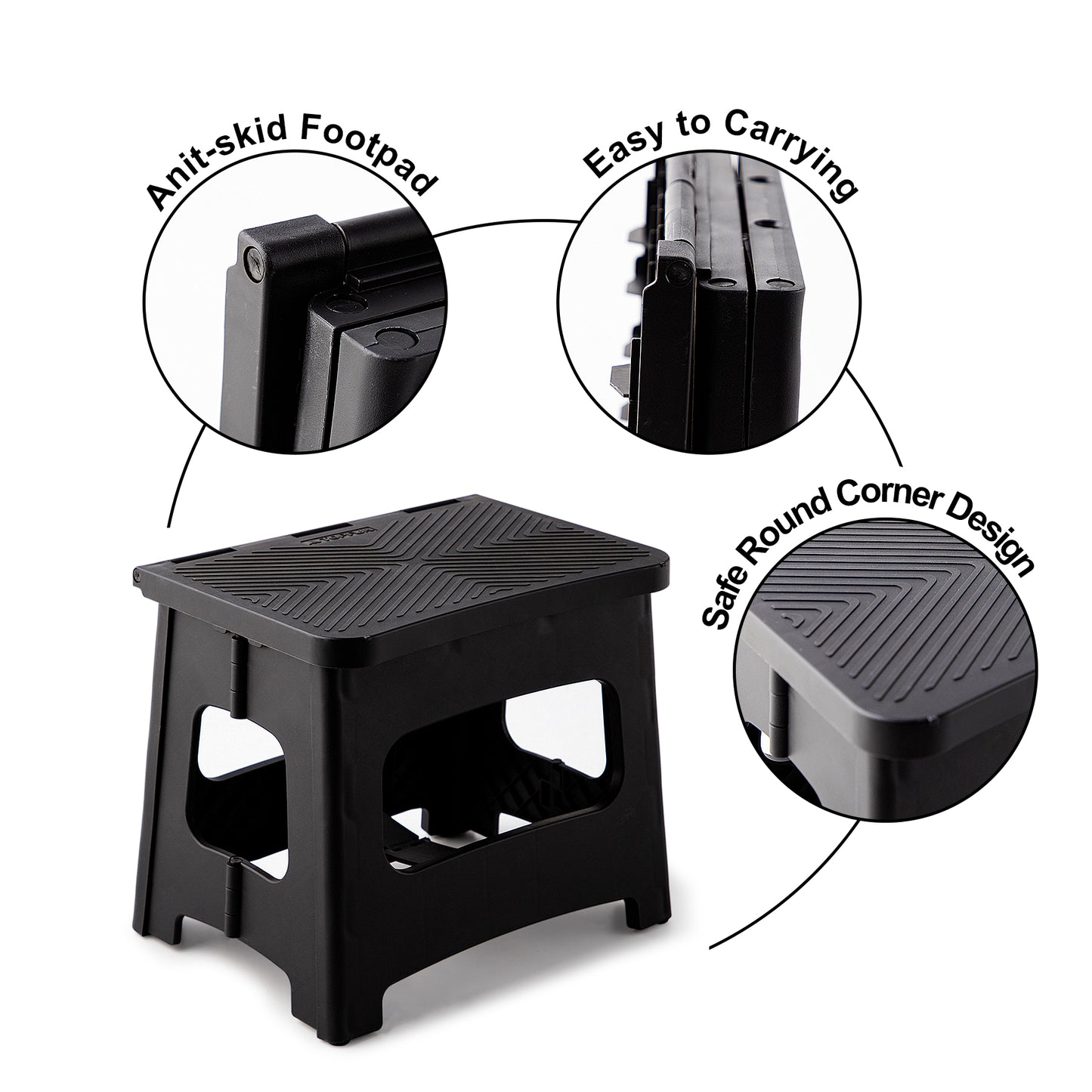 11in Folding Step Stool, Compact, Portable, Non-Slip, 300 lbs. weight capacity for adults and children. Secure non-slip top and rubber feet, great for home and camping, black color image 6