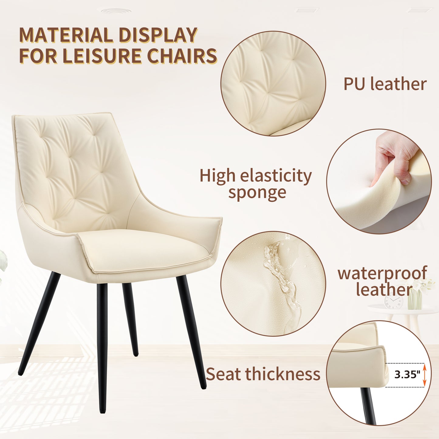 Dining Chairs Set of 2, Off White Faux Leather Dining Room Chair, Metal Kitchen Chairs with Gold Mesh Texture and Black Sanded Legs, Flat Back Upholstered Chair (Off White, Set of 2) image 4