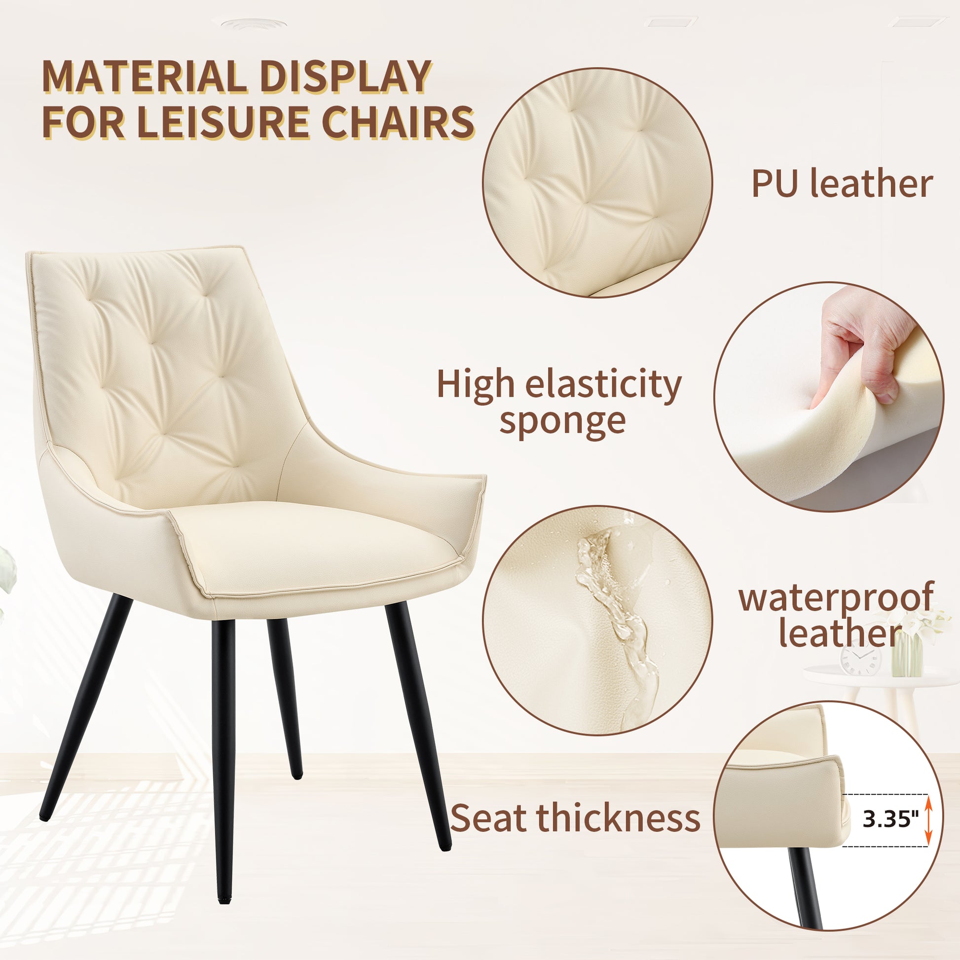 Dining Chairs Set of 2, Off White Faux Leather Dining Room Chair, Metal Kitchen Chairs with Gold Mesh Texture and Black Sanded Legs, Flat Back Upholstered Chair (Off White, Set of 2) image 4