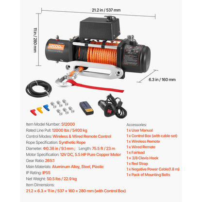 Electric Winch, 12000 lbs Load Capacity, 12V DC Truck Winch with Φ0.36 in x 75.5 ft Synthetic Rope, Wireless & Wired Remote Control, IP55 Waterproof for Towing Off-Road SUV Jeep Trailer Boat image 9
