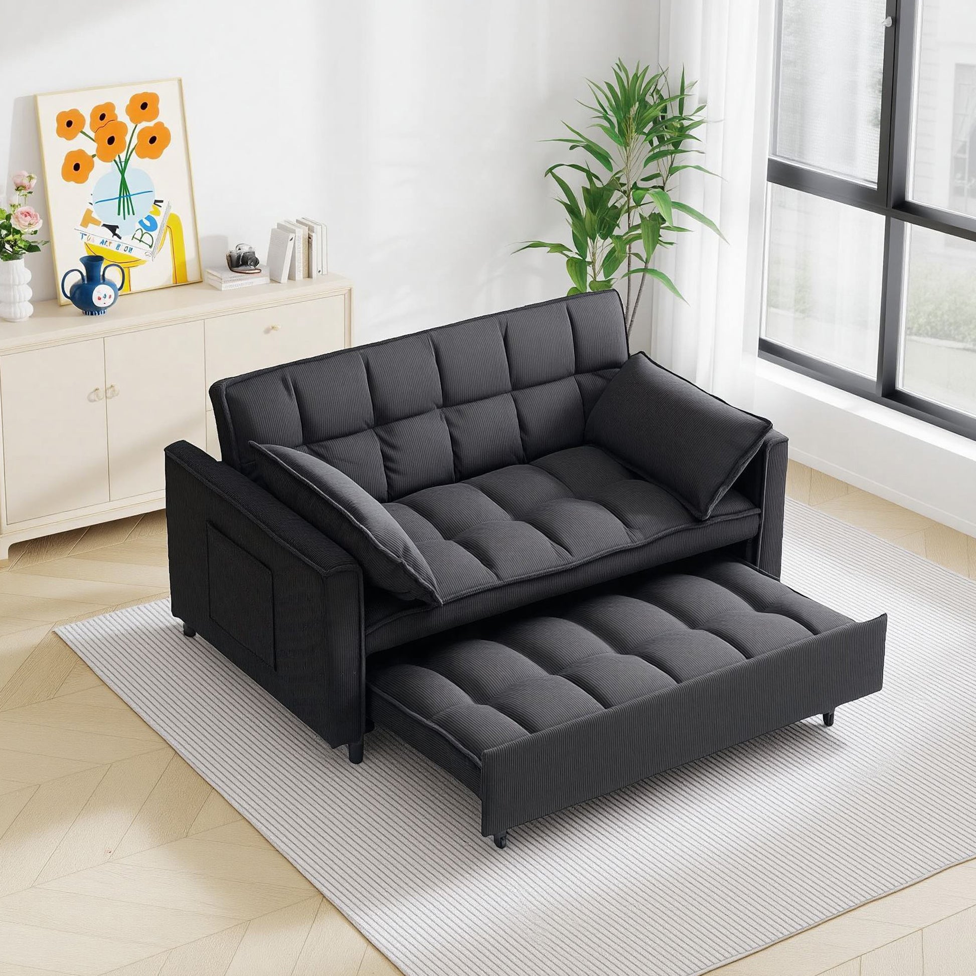 54.30" Corduroy Modular Sectional Sleeper Sofa, Loveseat with Pull Out Bed for Living Room Black Couch image 4