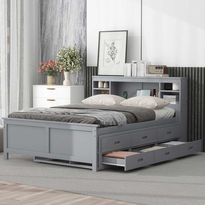 Full Size Platform Bed with Storage Headboard, USB, Twin Size Trundle and 3 Drawers, Gray image 2