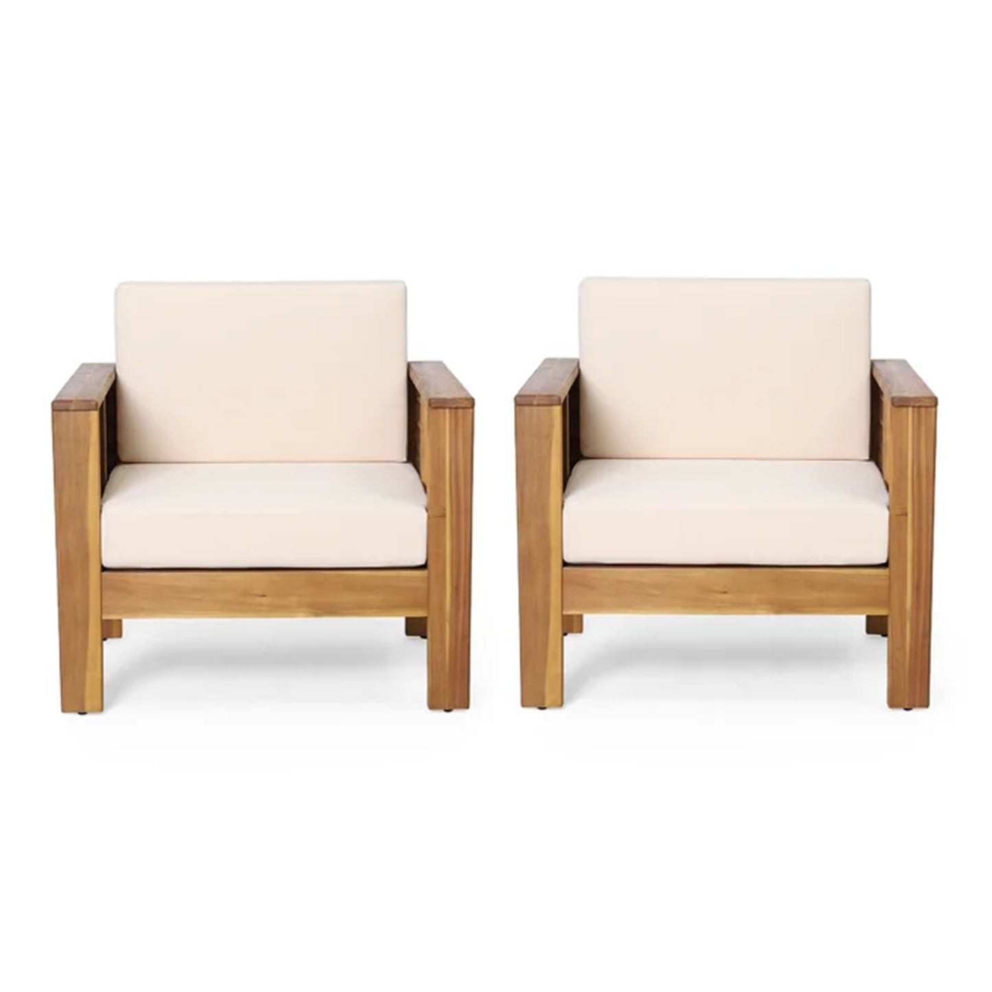 (Set of 2) Outdoor Acacia Wood Club Chairs with Cushions, Teak+Beige, 27.75"D x 32"W x 27.75"H image 2