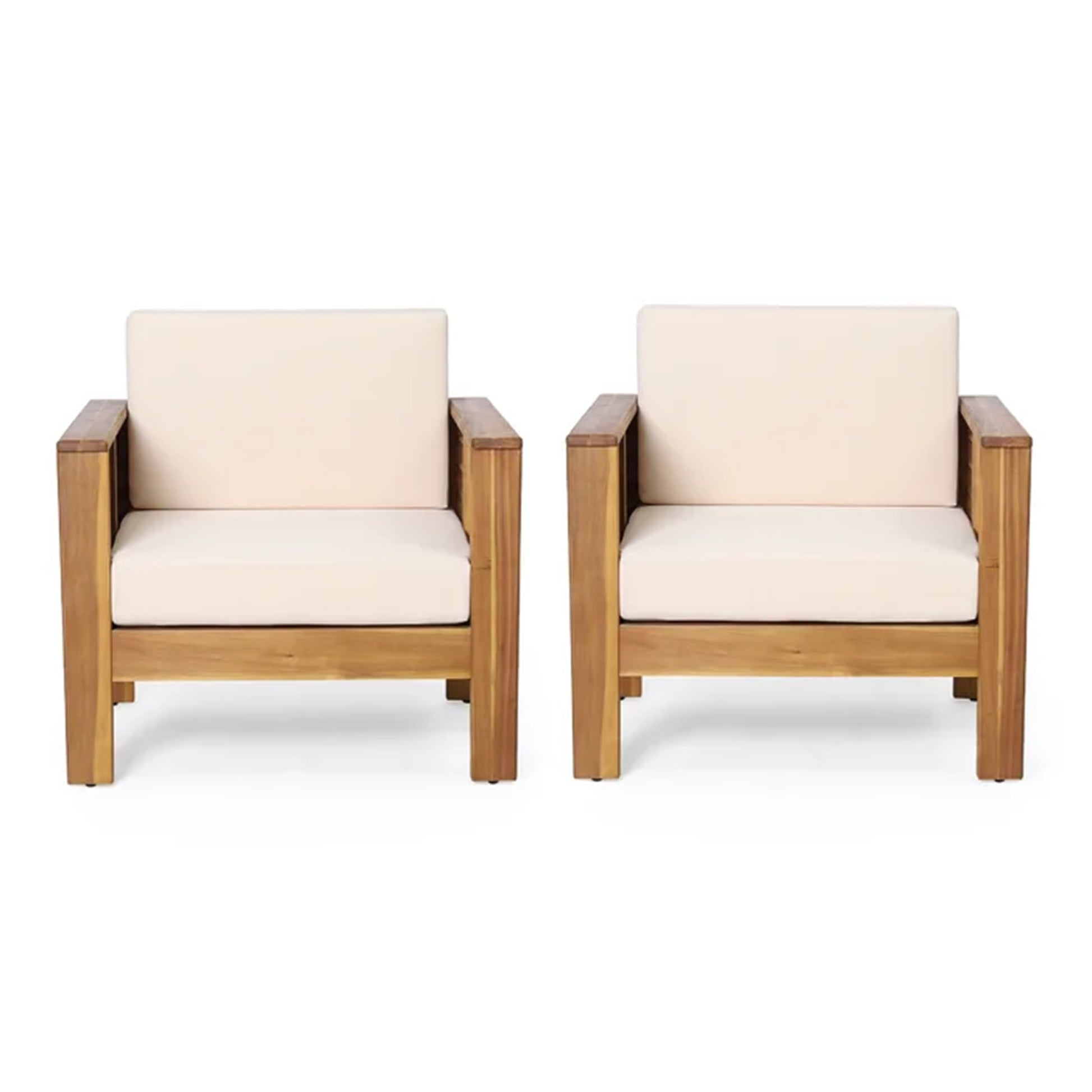 (Set of 2) Outdoor Acacia Wood Club Chairs with Cushions, Teak+Beige, 27.75"D x 32"W x 27.75"H image 2