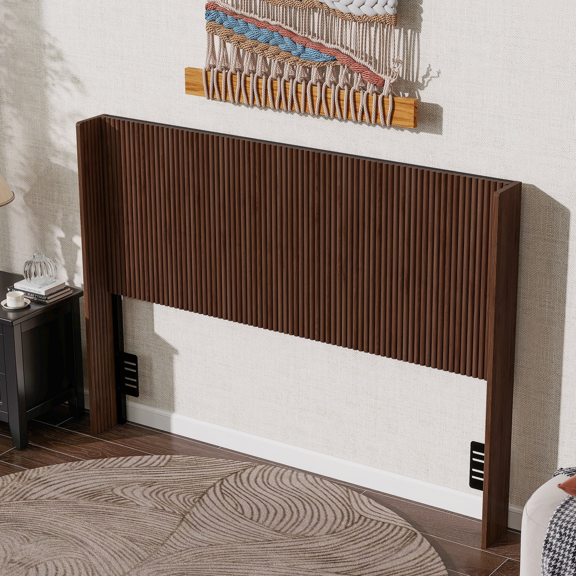 Walnut Fluted Wood Headboard, Vertical Ribbed Freestanding Bed Headboard with Adjustable Metal Brackets, Mid-Century Modern Wooden Headboard for Twin Full Queen Size Bed, Space-Sav (Brown color, Queen image 2