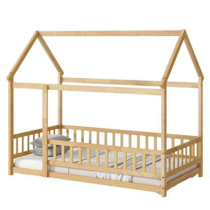 Twin Size House Floor Wooden Bed with Roof Frame,Safety Guardrails,Natural (Old Sku W504P286404) image 8