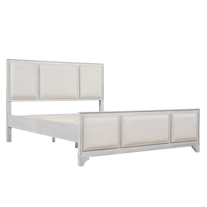 Queen Size Wooden Bed Frame with Upholstered Headboard, White Wood & Beige Fabric, Solid Wood Platform, Modern Farmhouse Style image 7