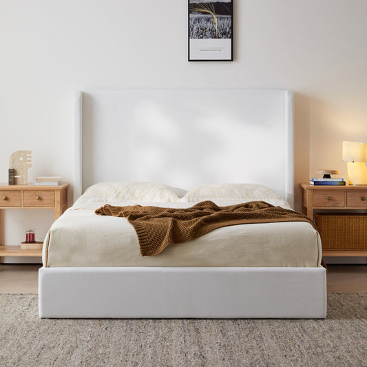 Carmen Upholstered Wingback Bed / Upholstered Platform Bed Frame / 52.3" High Headboard / Simplicity / Minimalist / No Box Spring Needed / Easy Assembly / King / Coconut Micro Suede / No Noise image 1