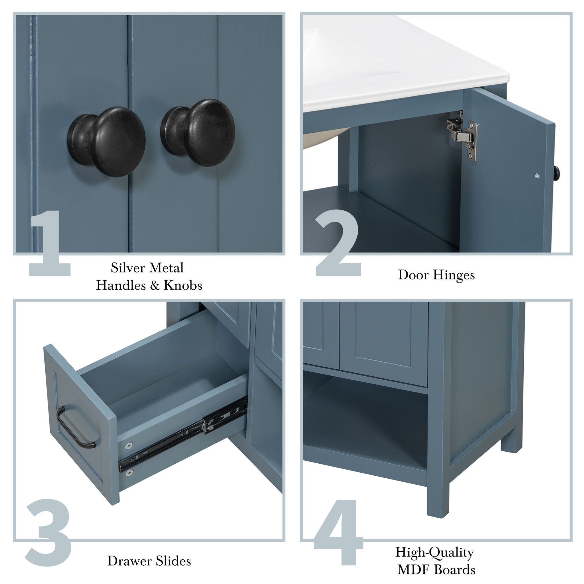 30" Bathroom Vanity with Sink Top, Bathroom Vanity Cabinet with Two Doors and Two Drawers, Solid Wood, Open shelf, MDF Boards, One Package, Blue Gray image 11