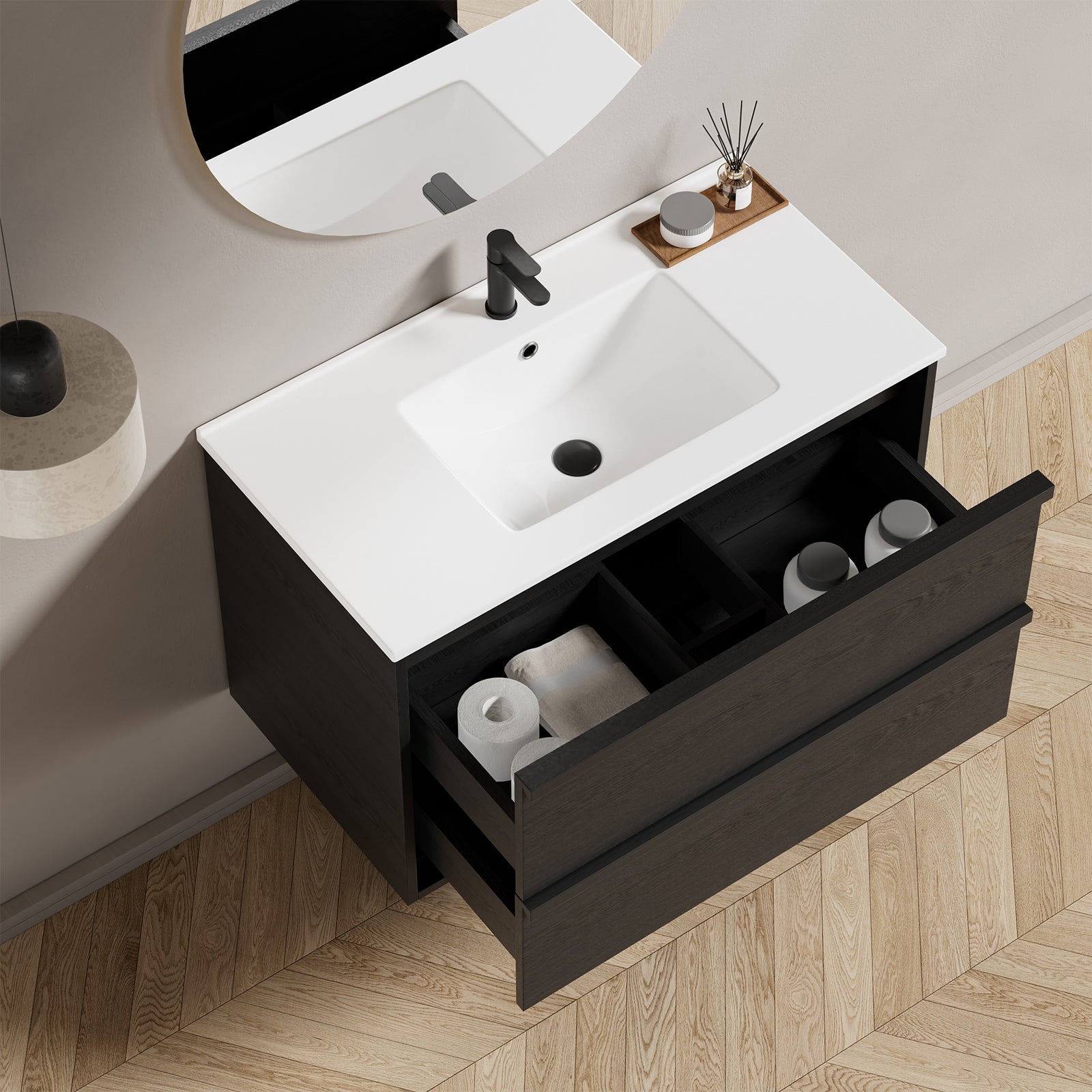 36 Inch Bathroom Vanity Cabinet With Ceramic Sink - Gray Wall Mounted Floating Fluted Vanity With Drawers, Modern image 3