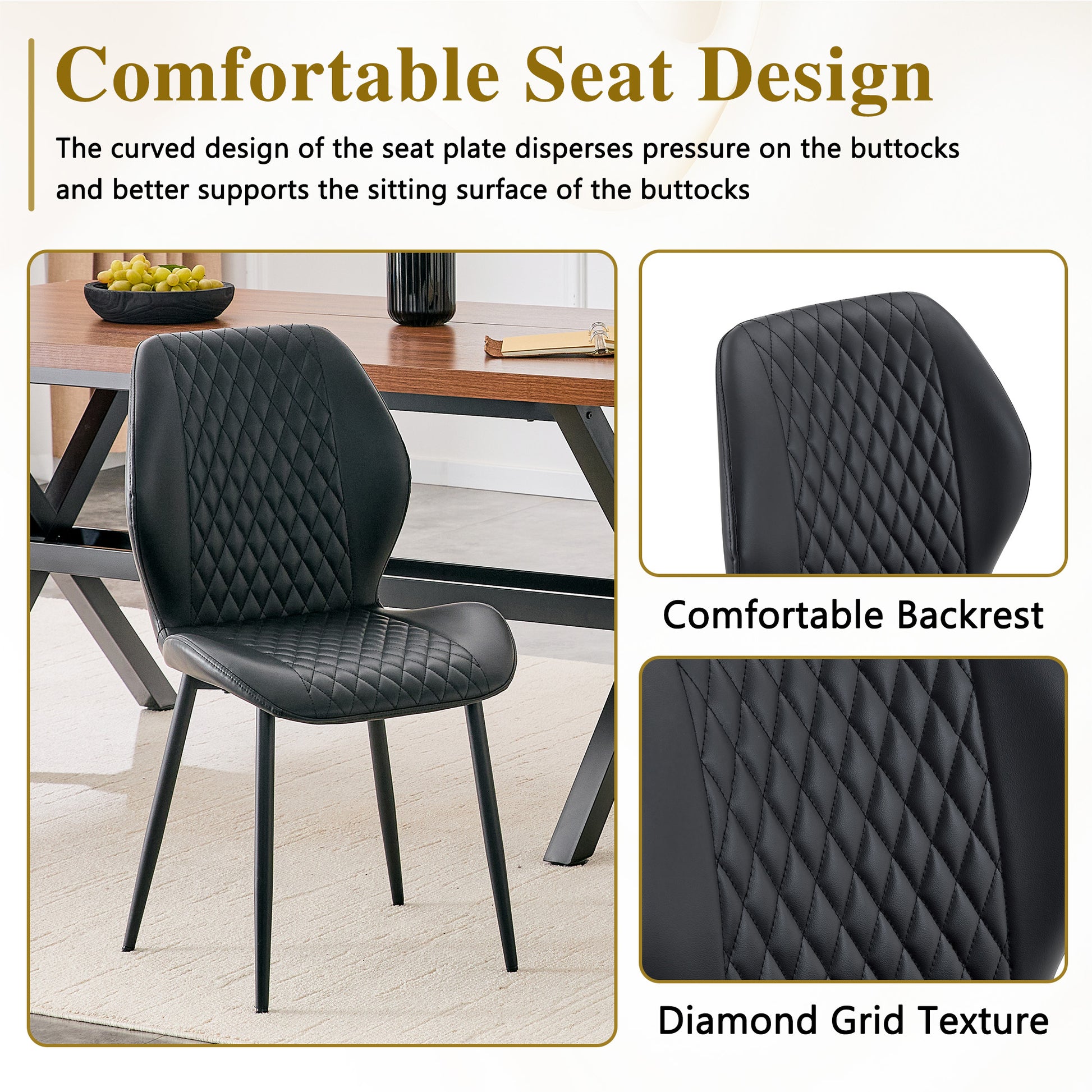 Set of 4 modern light luxury black diamond-quilted PU chairs with black metal legs. Suitable as upholstered dining chairs with backrests for home dining rooms, adaptable to a wide range of scenarios. image 10