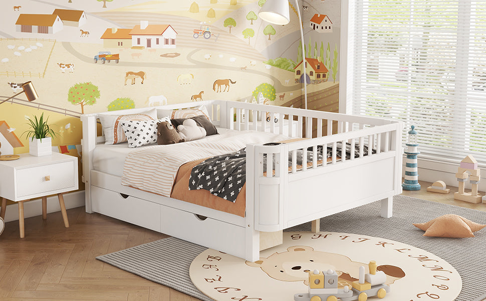 Full Size Wood Platform Bed for Kids, Wood Low Profile Full Bed with Rails for Girls and Boys, White (Old SKU W2593P331684) image 5