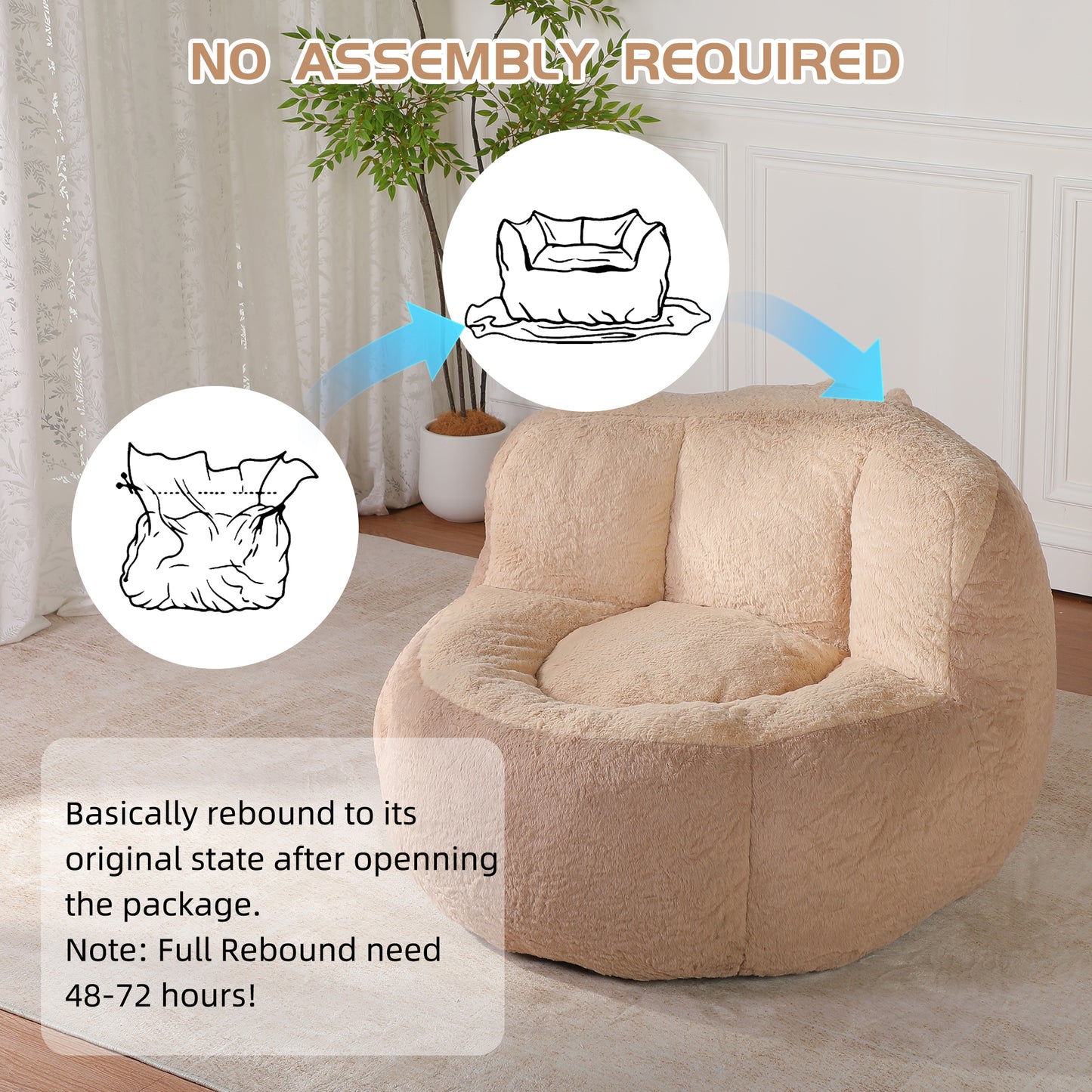 Oversized Bean Bag Chairs,Multicolor Faux Fur Couch Filled with Shredded Sponge,Large Lounger Sofa For Living Room,No Assembly Required,Brown+Camel image 9