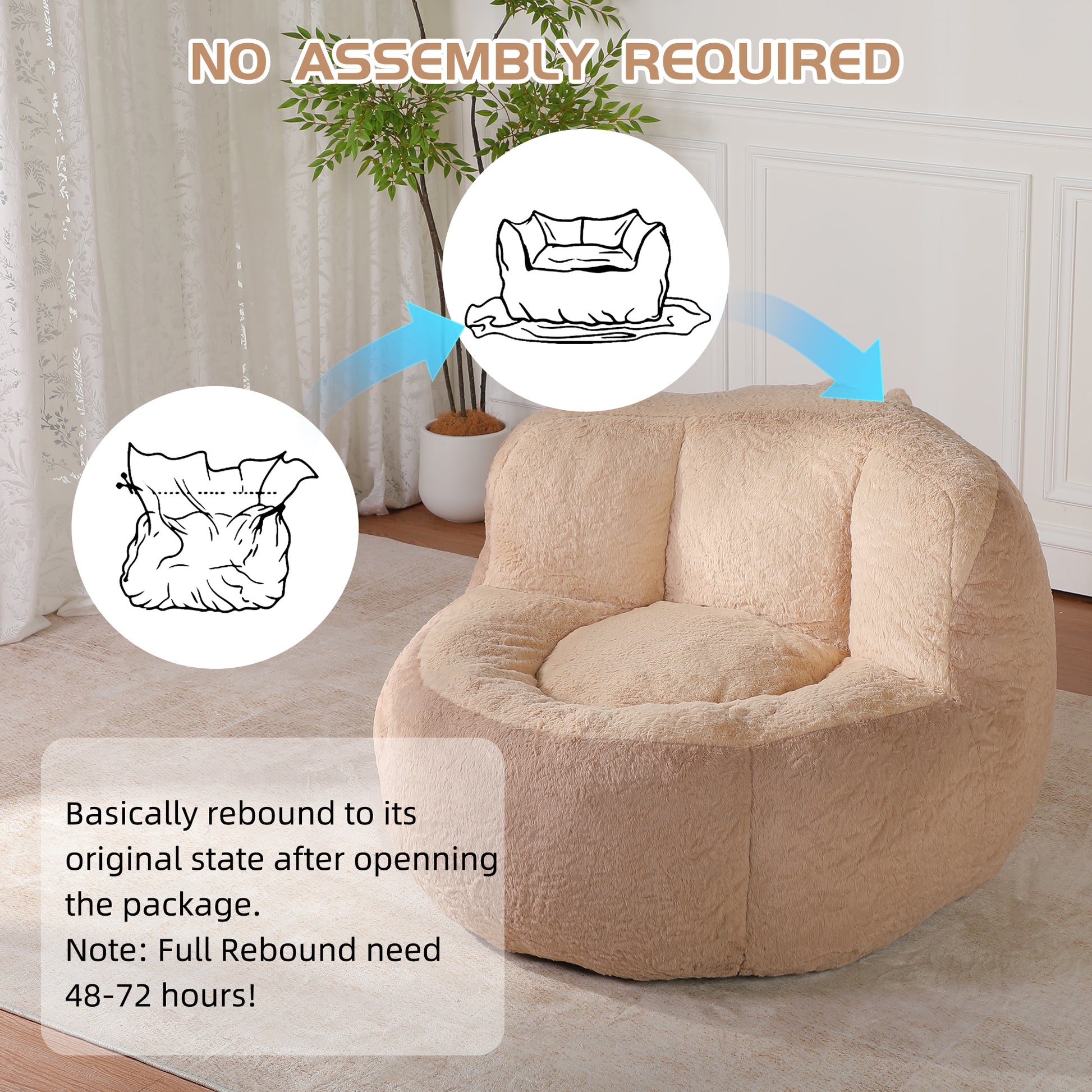 Oversized Bean Bag Chairs,Multicolor Faux Fur Couch Filled with Shredded Sponge,Large Lounger Sofa For Living Room,No Assembly Required,Brown+Camel image 9