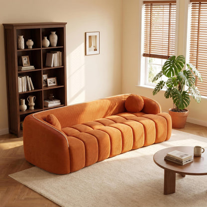 98.4" Modern Compressed Sofa, Cloud Couch 3-Seater Corduroy Sofa, No Assembly Required, Bubble Channel Tufted Couch with 2 Pillows, Comfy Deep Seat for Living Room, Apartment, Office image 2