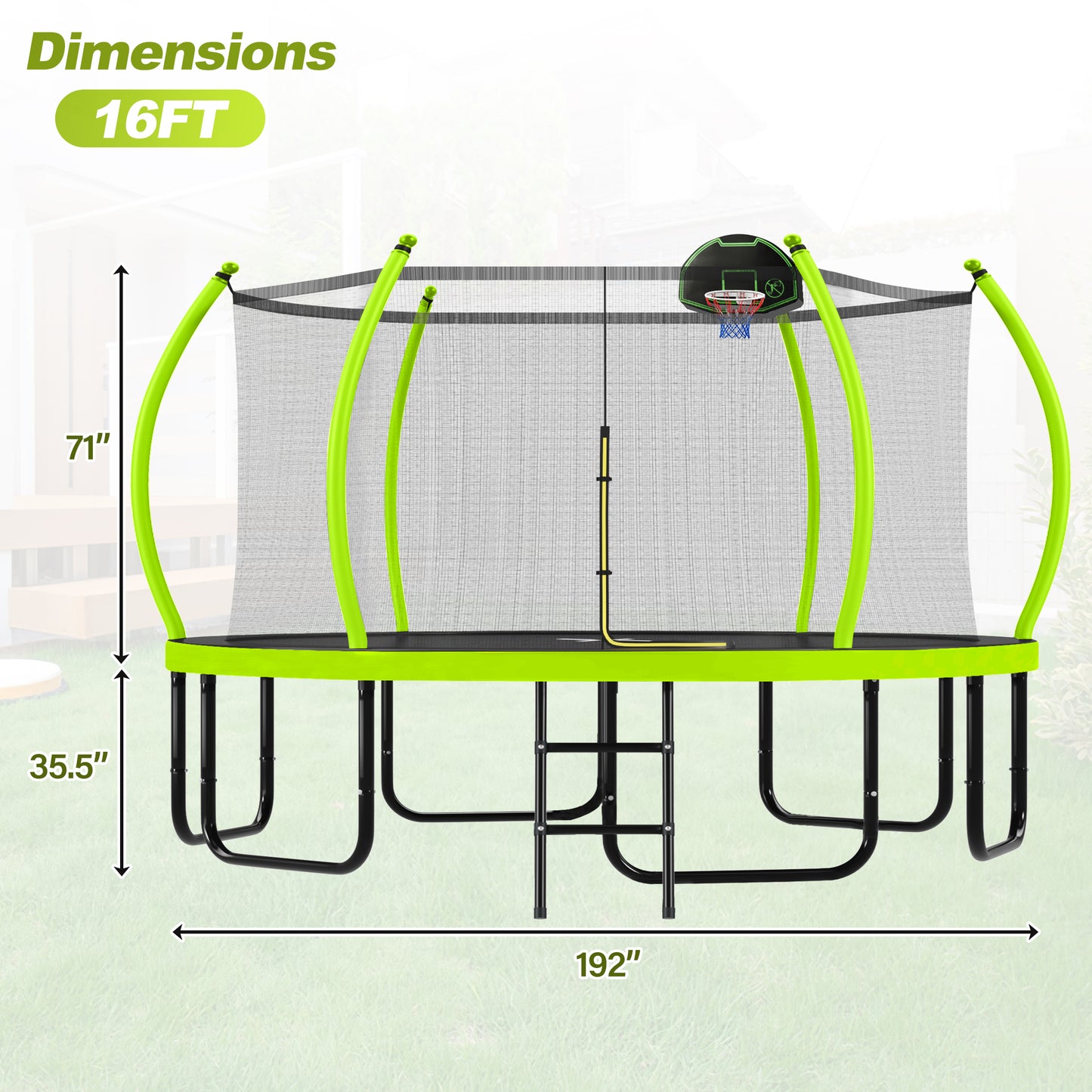 16FT Trampoline with Basketball Hoop for Kids and Adults, Round Outdoor Trampoline with Enclosure Net & Curved Poles & Ladder,Green image 2