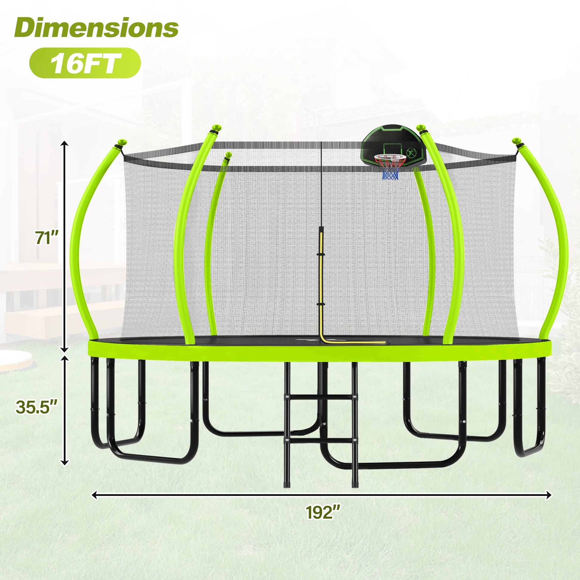 16FT Trampoline with Basketball Hoop for Kids and Adults, Round Outdoor Trampoline with Enclosure Net & Curved Poles & Ladder,Green image 2