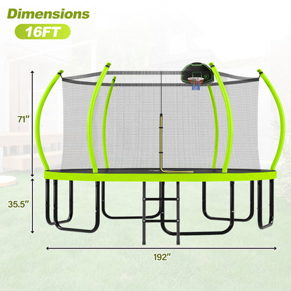 16FT Trampoline with Basketball Hoop for Kids and Adults, Round Outdoor Trampoline with Enclosure Net & Curved Poles & Ladder,Green image 2