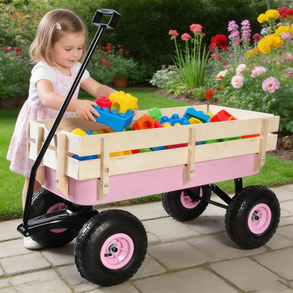 Outdoor Wagon All Terrain Pulling w/Wood Railing Air Tires Garden Cart image 1