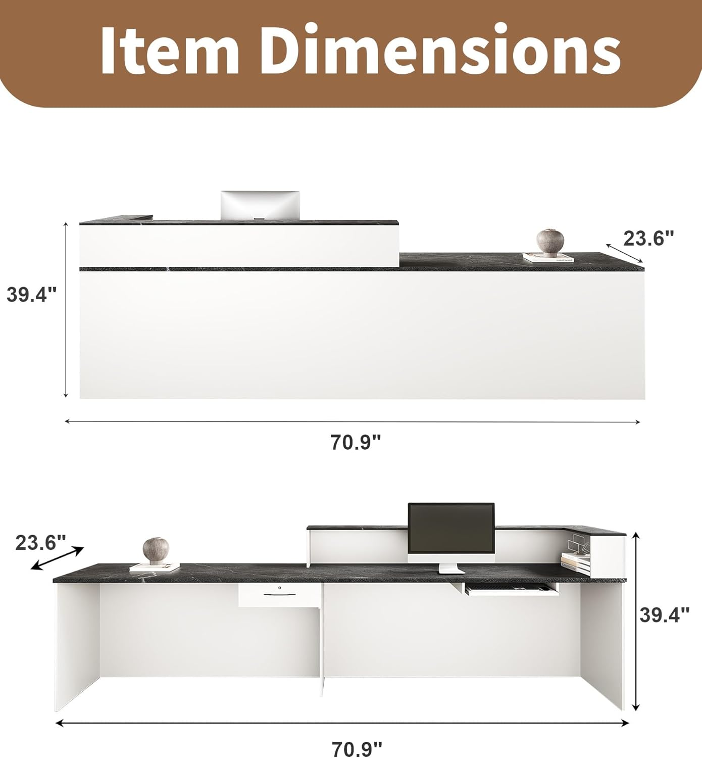 71" L-Shaped Reception Desk with Counter – Front Desk for Office, Salon, Lobby with Lockable Drawer, Keyboard Tray & Cable Management (White & Black, Right) image 2