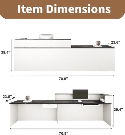 71" L-Shaped Reception Desk with Counter – Front Desk for Office, Salon, Lobby with Lockable Drawer, Keyboard Tray & Cable Management (White & Black, Right) image 2