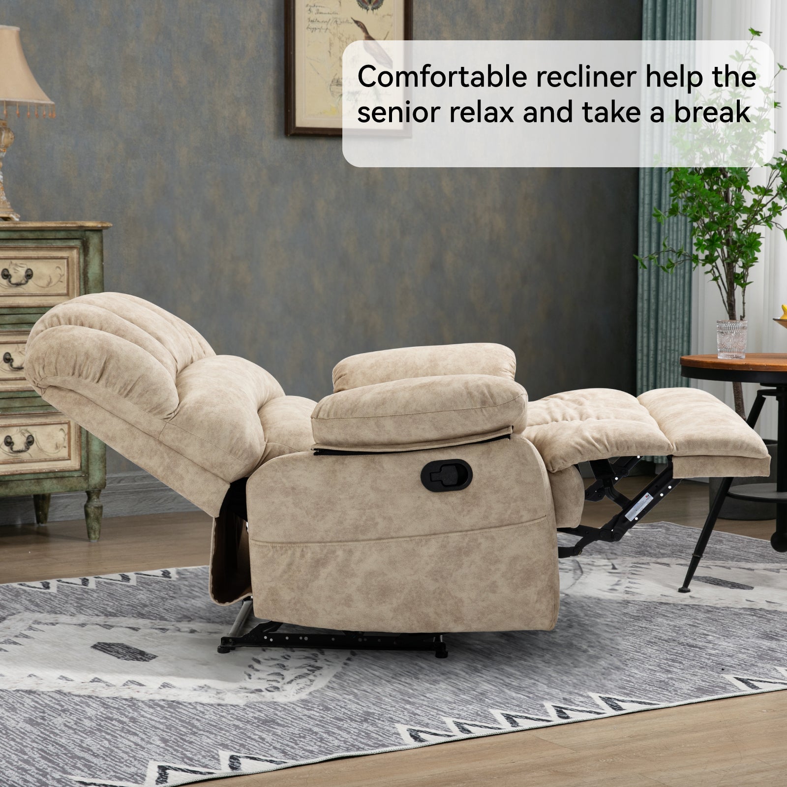 Large Manual Recliner Chair in Fabric for Living Room, Beige image 3