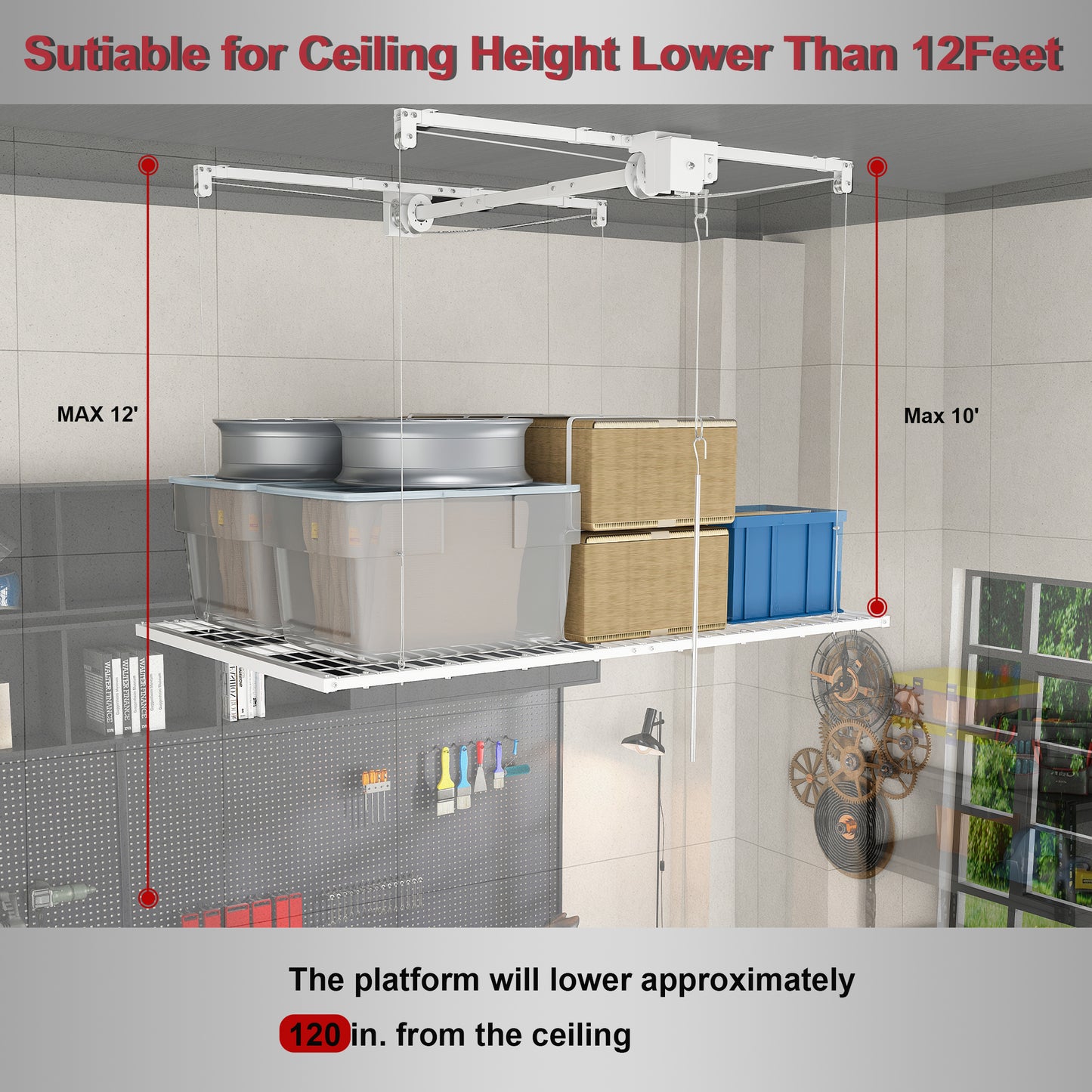 White Overhead Garage Storage Rack 4x8 FT for High Ceilings 10-12 FT, 350LBS Capacity All-Steel Construction with Safety Lock (Installation Required, Heavy-Duty Garage Organizer) image 3