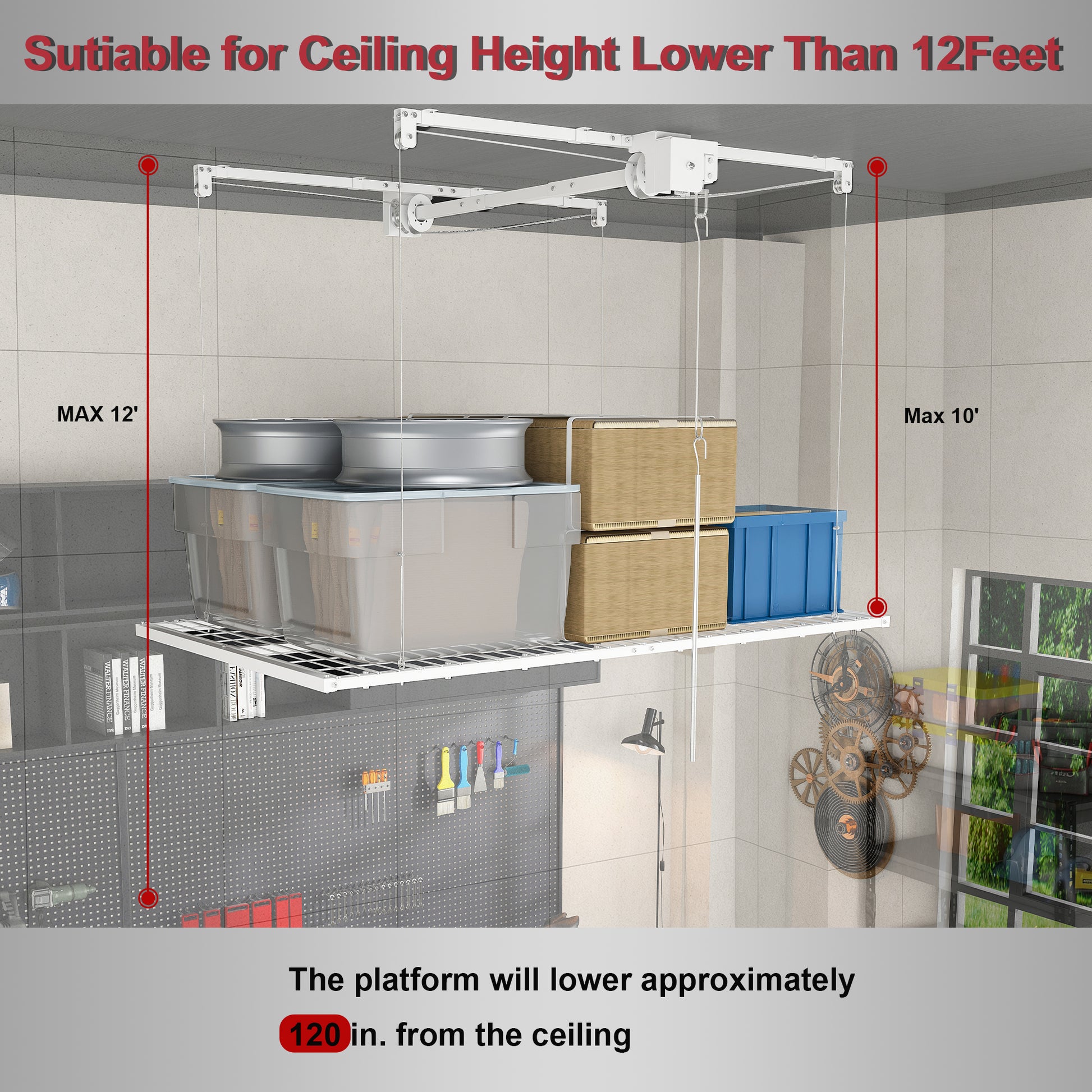 White Overhead Garage Storage Rack 4x8 FT for High Ceilings 10-12 FT, 350LBS Capacity All-Steel Construction with Safety Lock (Installation Required, Heavy-Duty Garage Organizer) image 3
