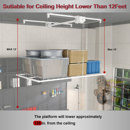 White Overhead Garage Storage Rack 4x8 FT for High Ceilings 10-12 FT, 350LBS Capacity All-Steel Construction with Safety Lock (Installation Required, Heavy-Duty Garage Organizer) image 3