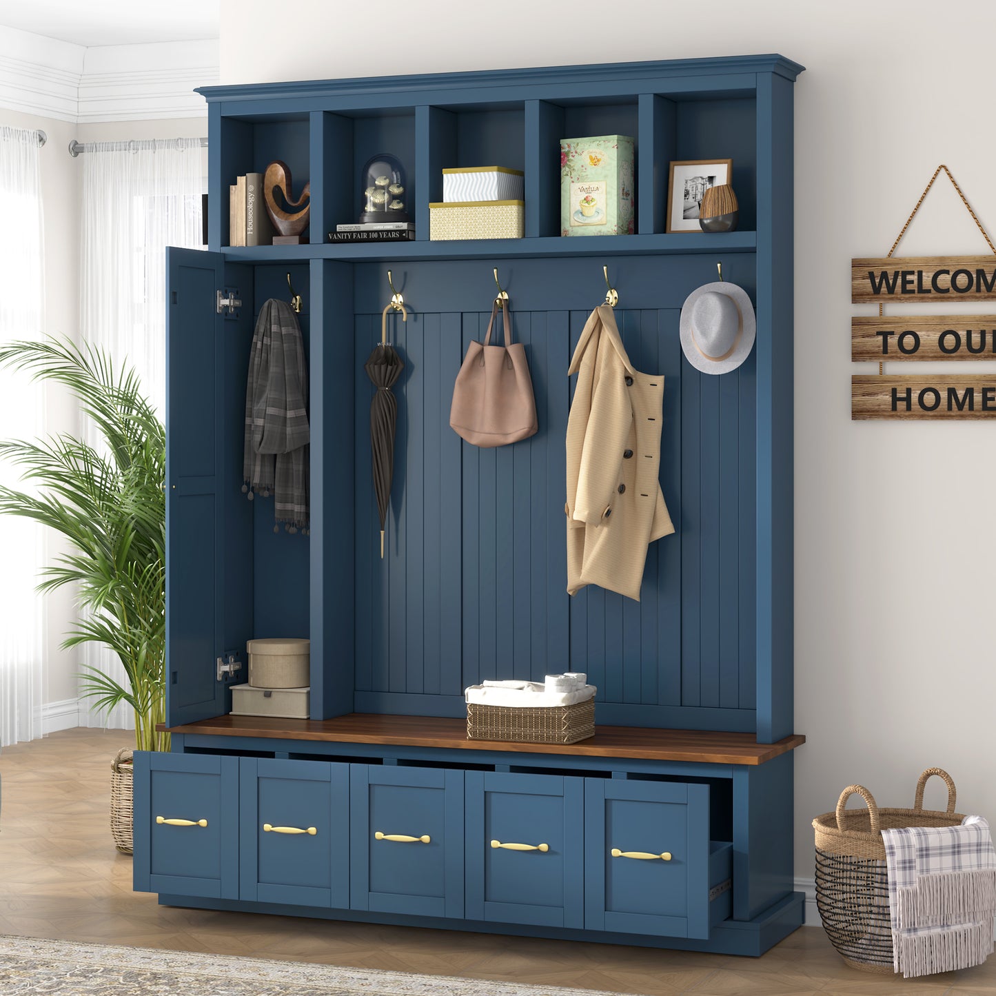 U-Can Entryway Hall Tree with Coat Hooks, Shoe Bench & Drawer Storage Cabinet image 1